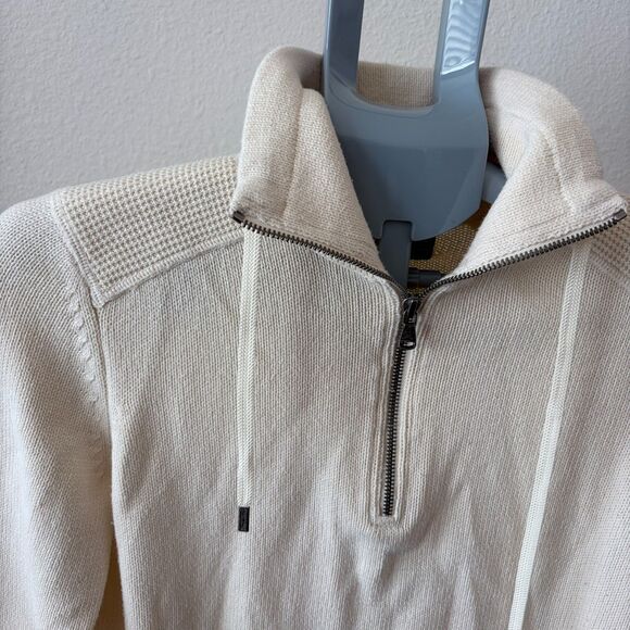 L-RL Ralph Lauren Half-Zip Sweater M Cream Cotton Drawstring Collar Textured Kni - Picture 2 of 5